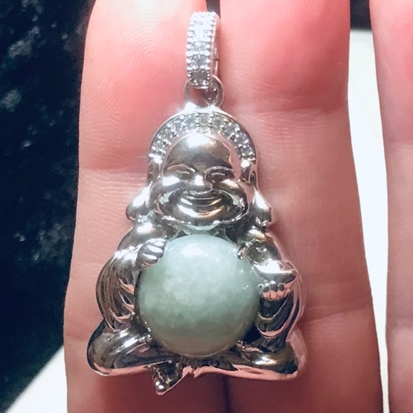 Sterling Silver Green Jade Smiling Buddha Pendant - Picture 4 of 13